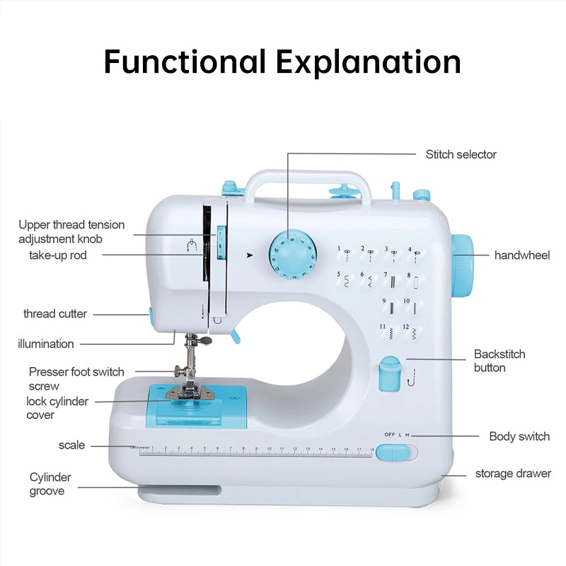 Portable Electric Sewing Machine for Home Use - Adjustable Speed, Backstitch and 12 Stitches for Beginners