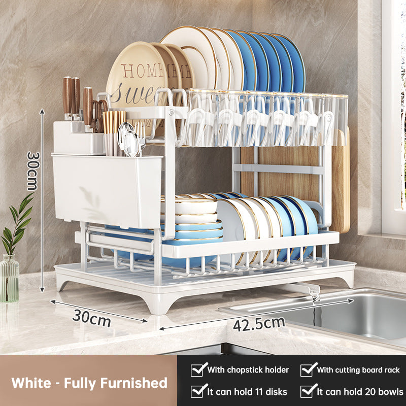 2-Tier Dish Drying Rack - Large Capacity Rustproof Carbon Steel Kitchen Drainer with Rotating Spout & Knife Holder