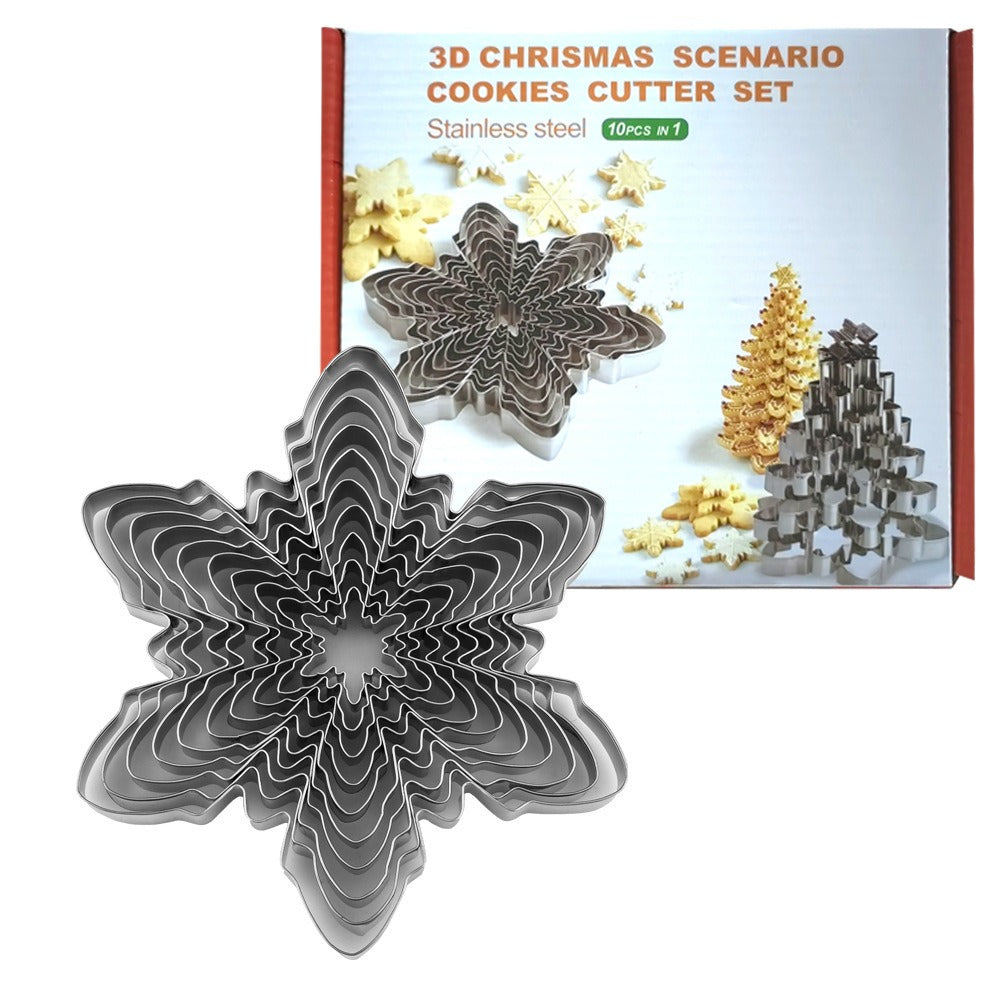Christmas Snowflake Stainless Steel Cookie Cutter Set - 10 Piece 3D Biscuit Moulds