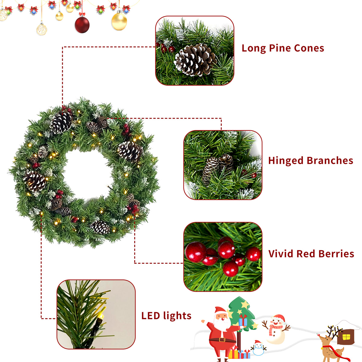 Classic Green Christmas 4-Piece Set – 2 Entrance Trees, Garland & Wreath with 340 LED Lights