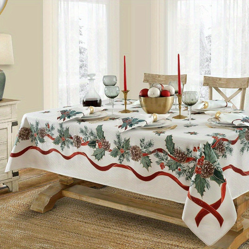 Christmas Pine & Holly Tablecloth - Festive Polyester Dining Table Cover in 4 Designs & 7 Sizes