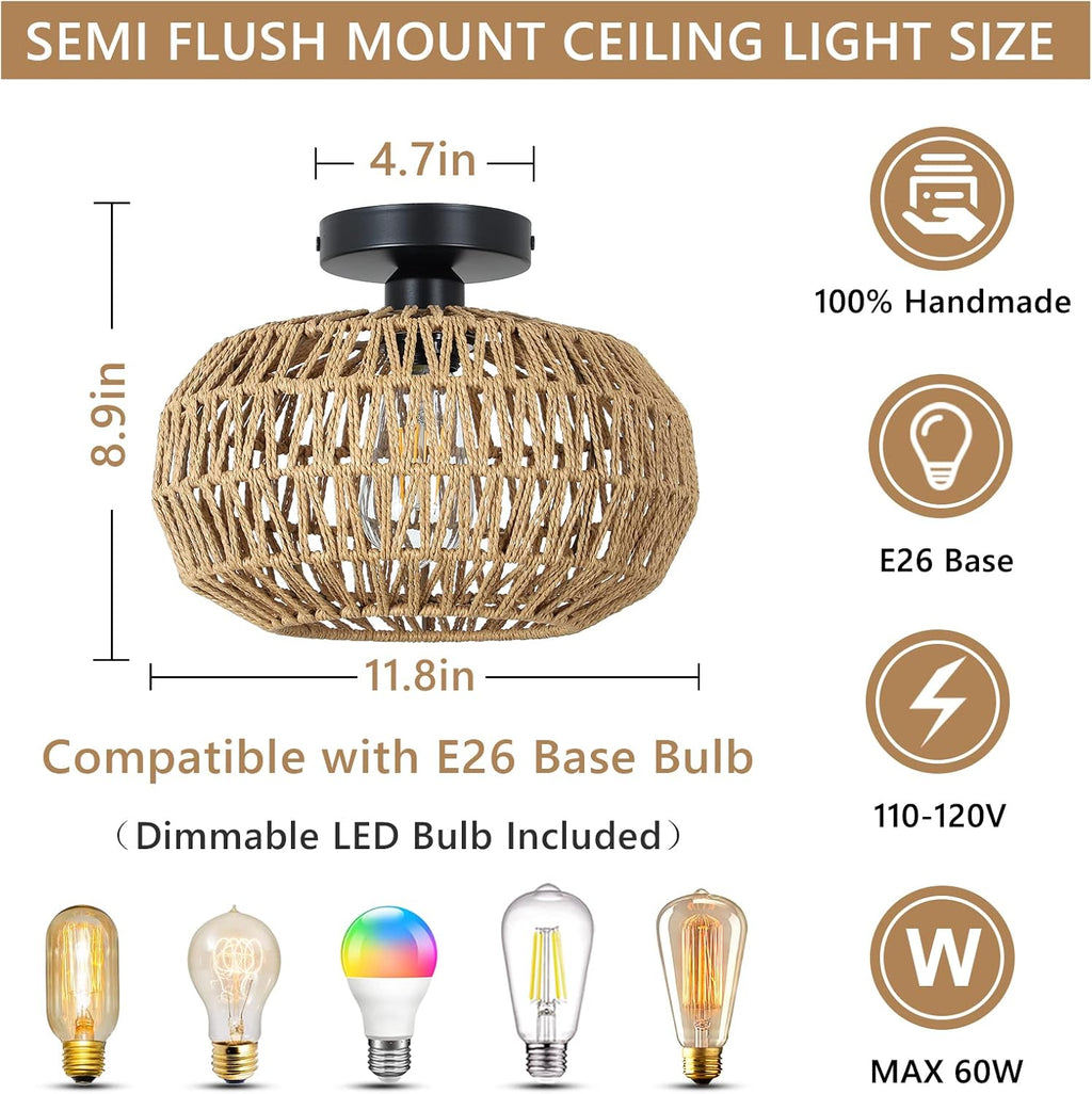 Boho Rattan Ceiling Light - Hand-Woven Flush Mount Fixture with Dimmable LED Bulb, 12" Natural Brown