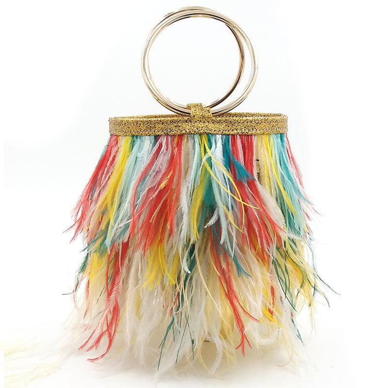 Ostrich Feather Chain Bag – Luxury Round Shoulder Bag with Ring Detail
