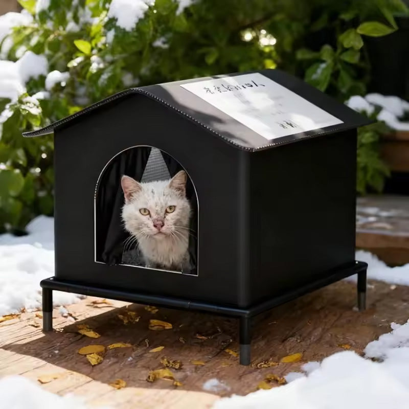 Insulated Outdoor Cat House with Raised Base - Windproof Weatherproof Shelter with Reflective Lining