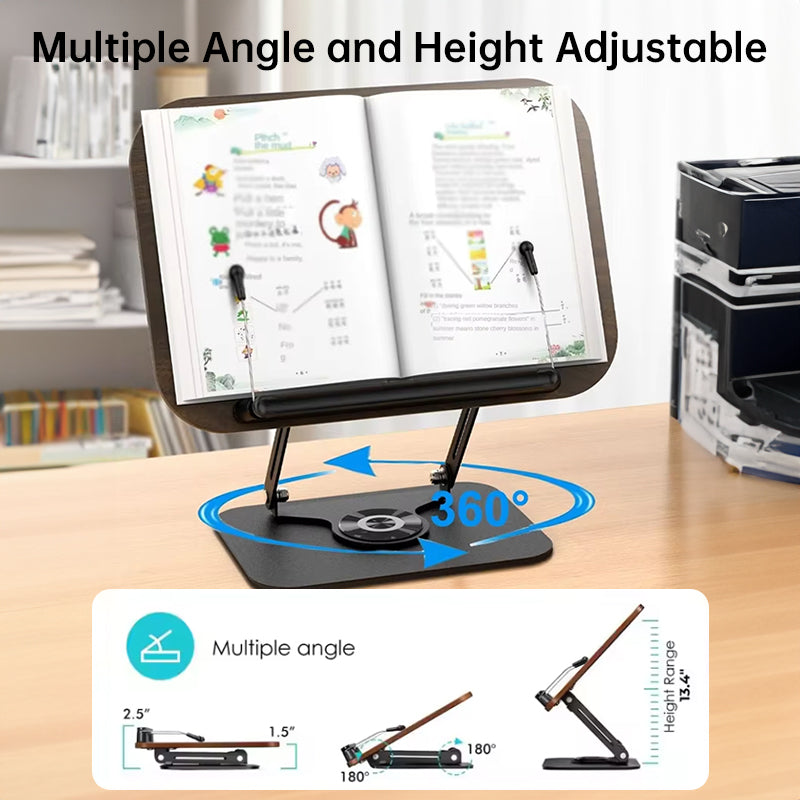 Adjustable 360 Degree Rotating Book Stand with Elastic Clips - For Cookbooks, Laptops and More