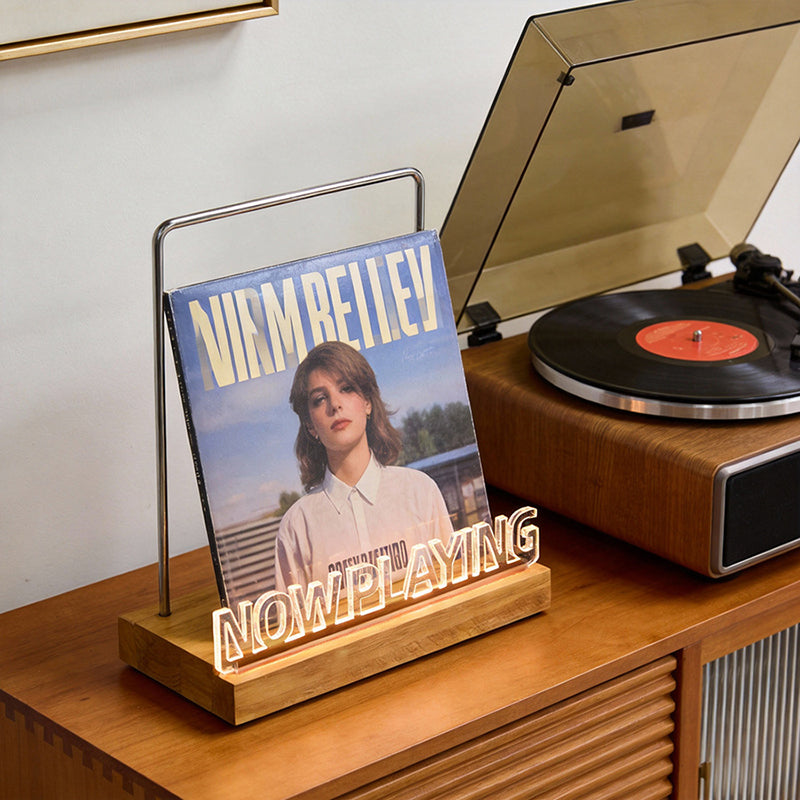 LED Wooden Vinyl Record Stand - Illuminated LP Album Display for Home, Cafe & Office