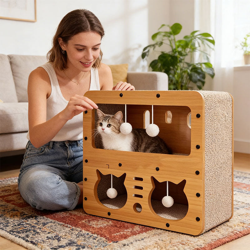 3-in-1 Cat House, Bed and Scratch Post - Multi-Layer Eco-Friendly Cardboard Cat Furniture