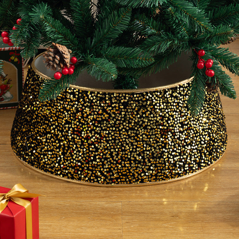 Black & Gold Sequin Christmas Tree Skirt - Glamorous Base Decoration in Round, Four-Corner & Six-Corner Styles