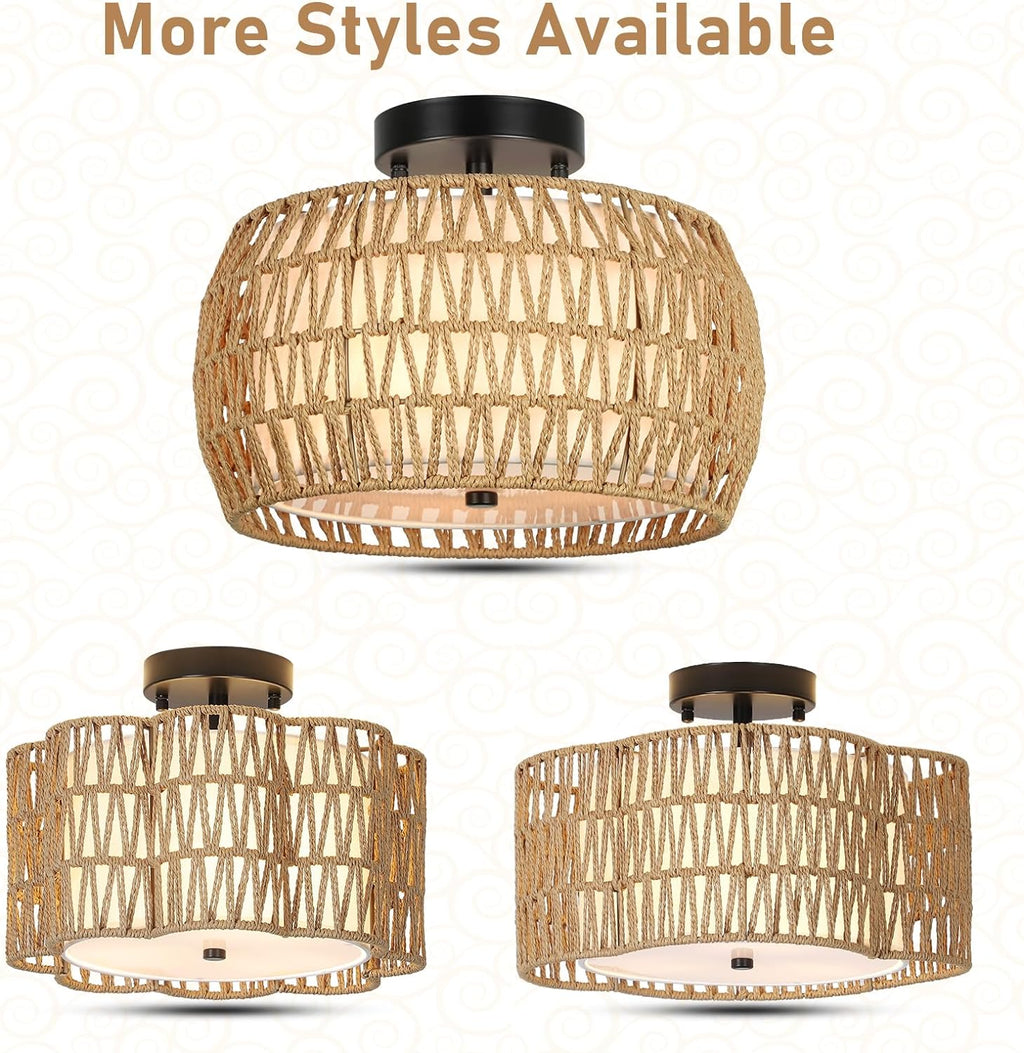 Boho Rattan Ceiling Light with Fabric Shade - Hand-Woven Semi Flush Mount, Farmhouse Style, Brown