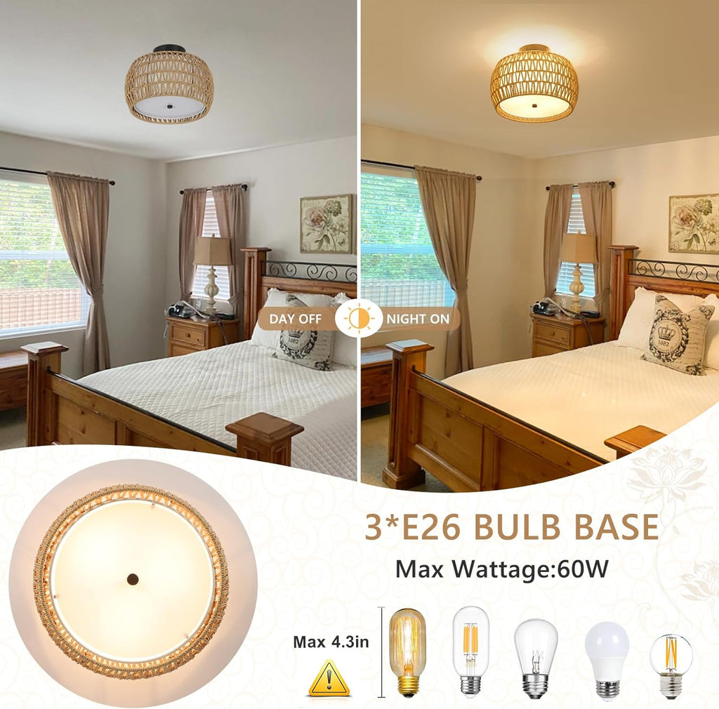 Boho Rattan Ceiling Light with Fabric Shade - Hand-Woven Semi Flush Mount, Farmhouse Style, Brown