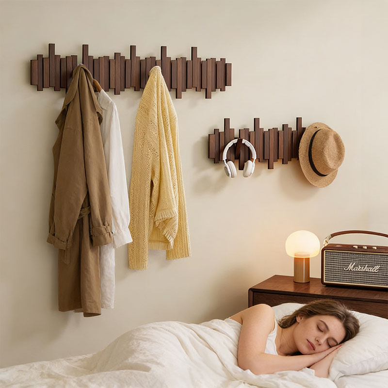 Solid Beech Wood Piano Key Wall Hook Rack - No Drill or Screw Mount, Entryway Coat and Bag Organiser