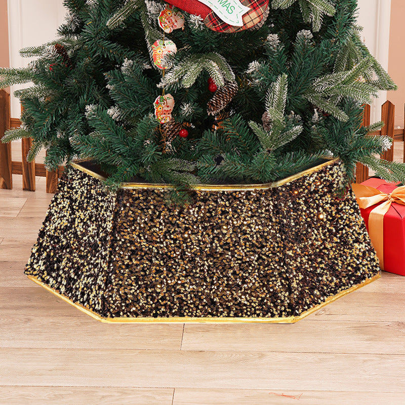 Black & Gold Sequin Christmas Tree Skirt - Glamorous Base Decoration in Round, Four-Corner & Six-Corner Styles