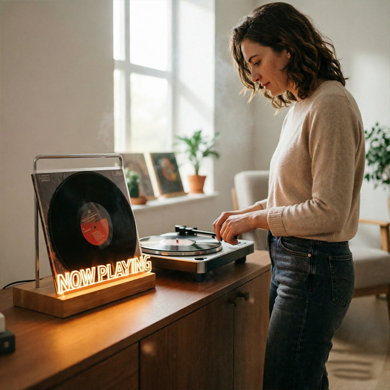 LED Wooden Vinyl Record Stand - Illuminated LP Album Display for Home, Cafe & Office