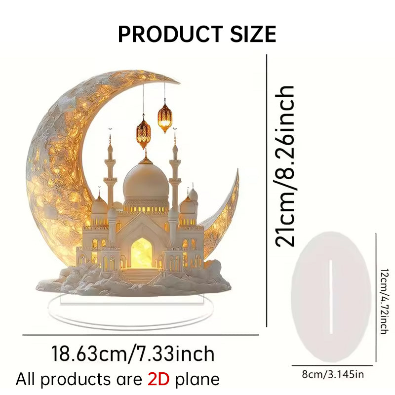 Ramadan Acrylic Moon & Castle Ornament – Eid Al-Fitr Decoration Stand
