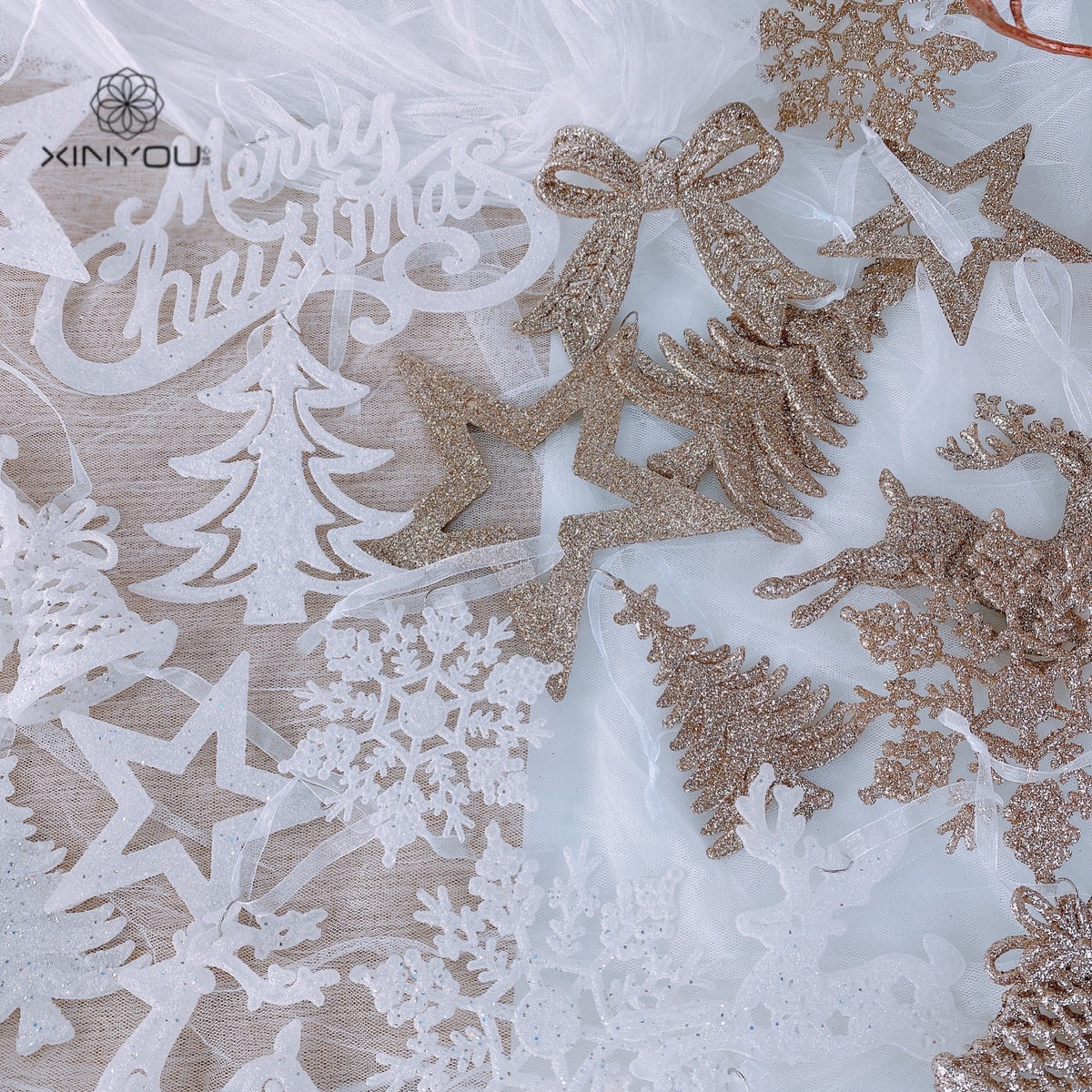 Christmas Decoration Snowflake Star Plastic Hanging Ornament Reindeer Bell Accessory Christmas Tree Deer Pendant Decorations 3 of them
