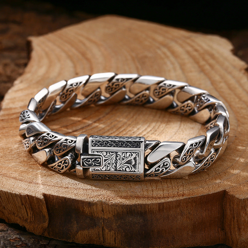 Cuban Link Chain Bracelet – Vintage Oxidised Silver-Tone Men's Bracelet