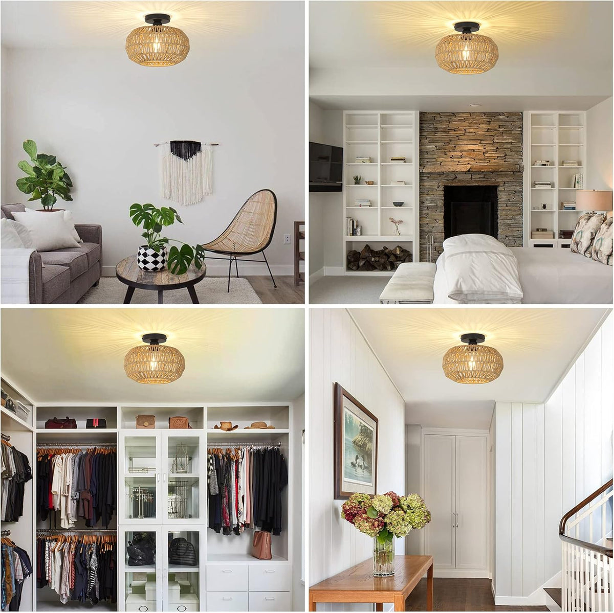 Boho Rattan Ceiling Light - Hand-Woven Flush Mount Fixture with Dimmable LED Bulb, 12" Natural Brown