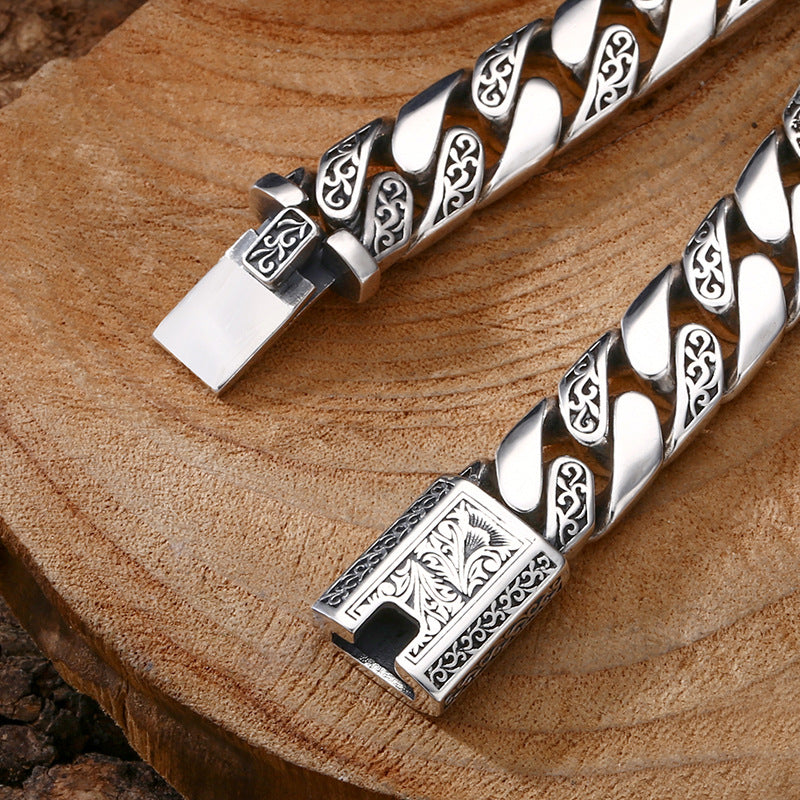 Cuban Link Chain Bracelet – Vintage Oxidised Silver-Tone Men's Bracelet
