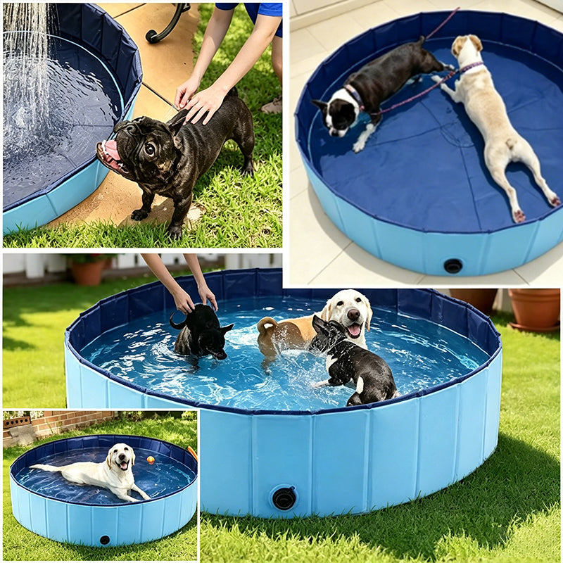 Foldable Dog Swimming Pool - Portable Pet Paddling Pool with Drain, 3 Sizes