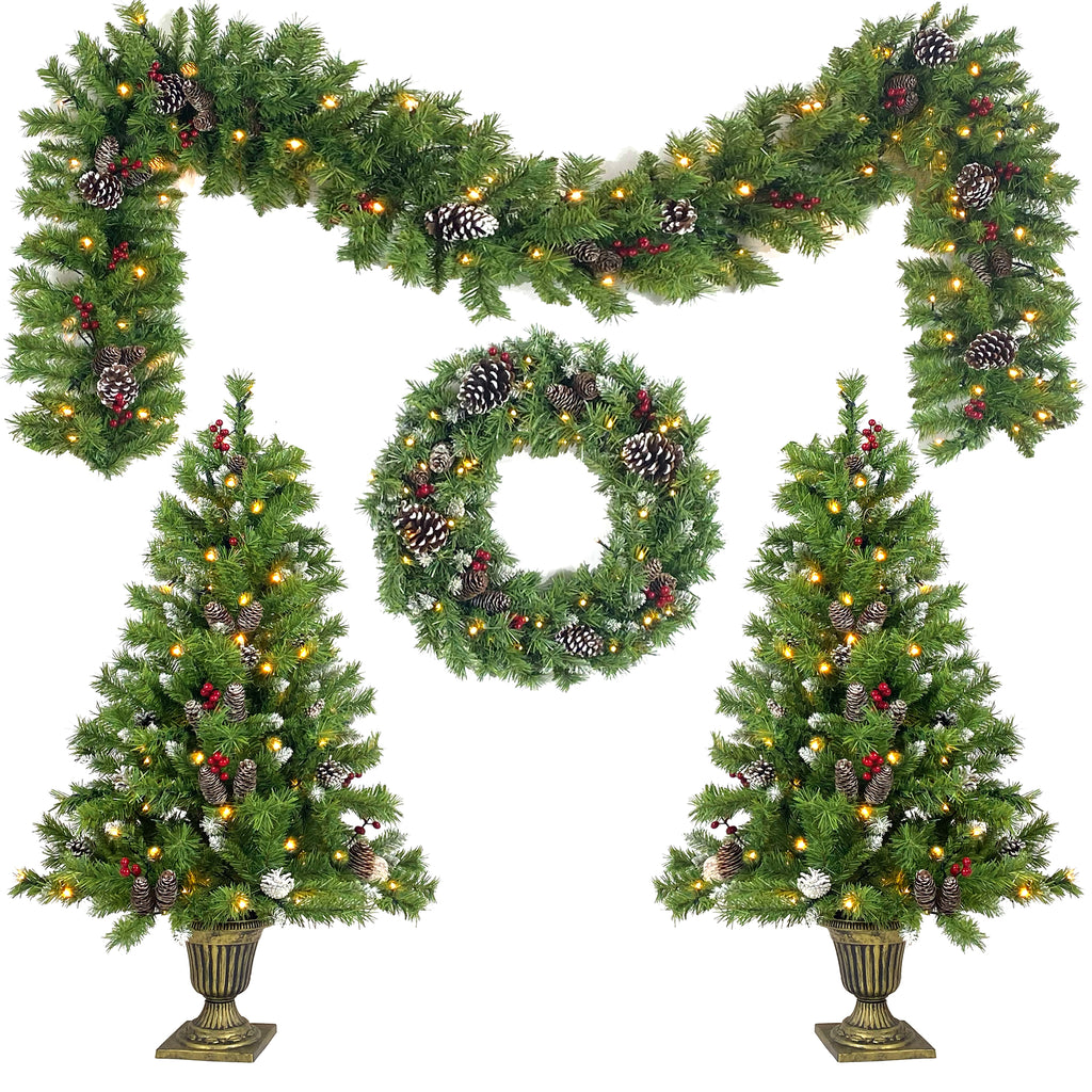 Classic Green Christmas 4-Piece Set – 2 Entrance Trees, Garland & Wreath with 340 LED Lights