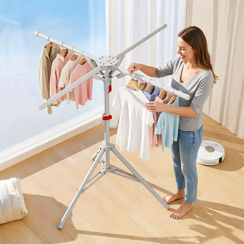 Foldable Octopus Clothes Drying Rack - Rotating 6-Arm Laundry Hanger with Windproof Hooks, Black