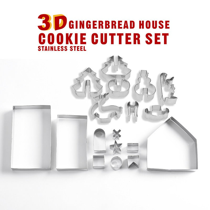 18-Piece Christmas Stainless Steel 3D Cookie Cutter Set - Gingerbread House & Festive Shapes