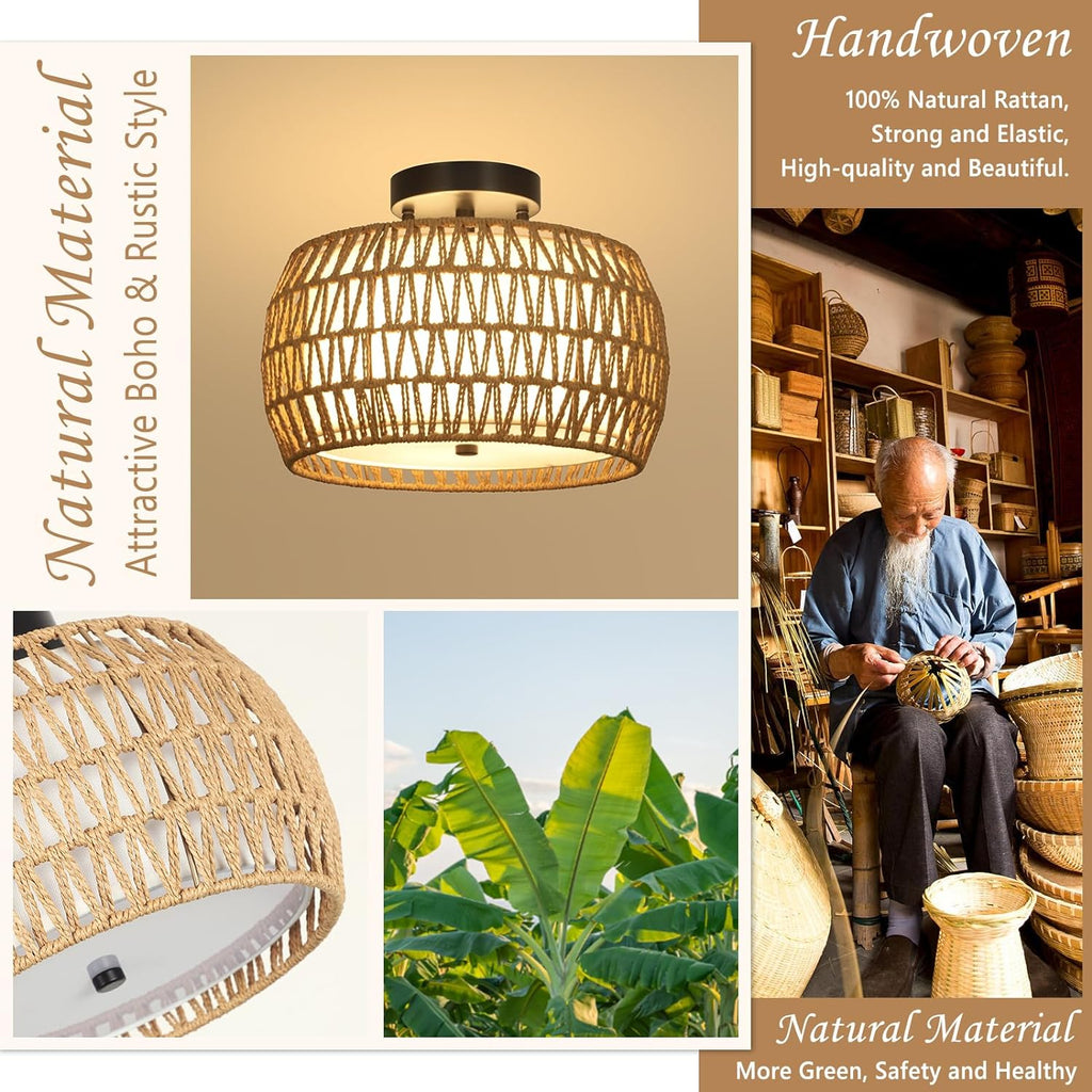Boho Rattan Ceiling Light with Fabric Shade - Hand-Woven Semi Flush Mount, Farmhouse Style, Brown