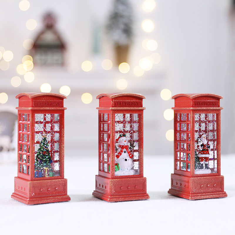 Christmas Lighted Phone Booth Ornament - Festive Desktop Scene Decoration in 6 Designs