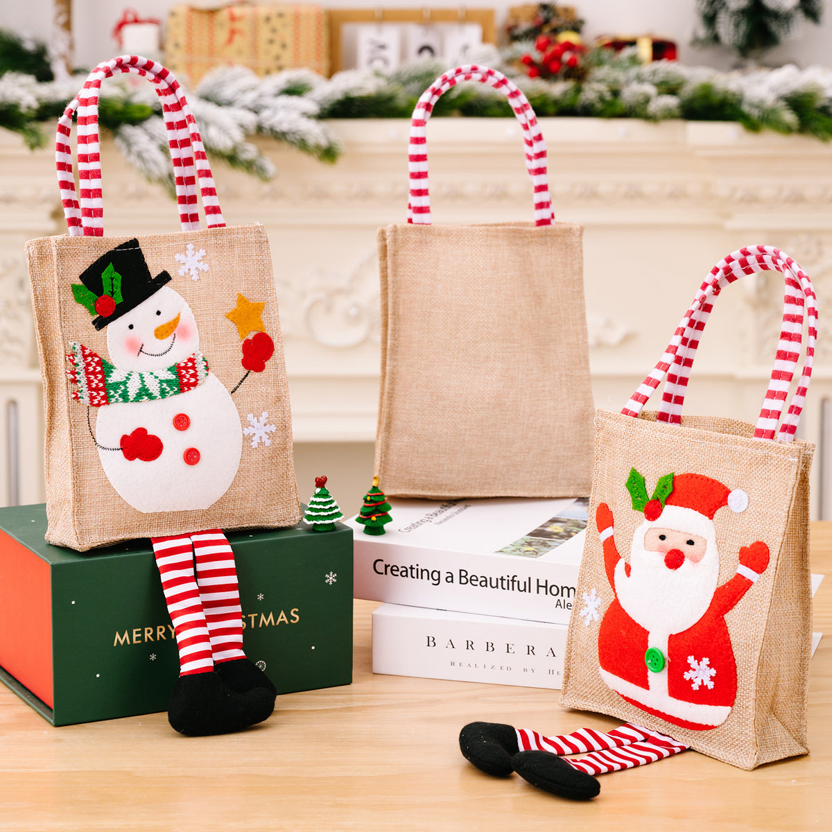 Christmas Decorative Cartoon Printed Stripe Leg Tote Bag for Kids Gift Bag