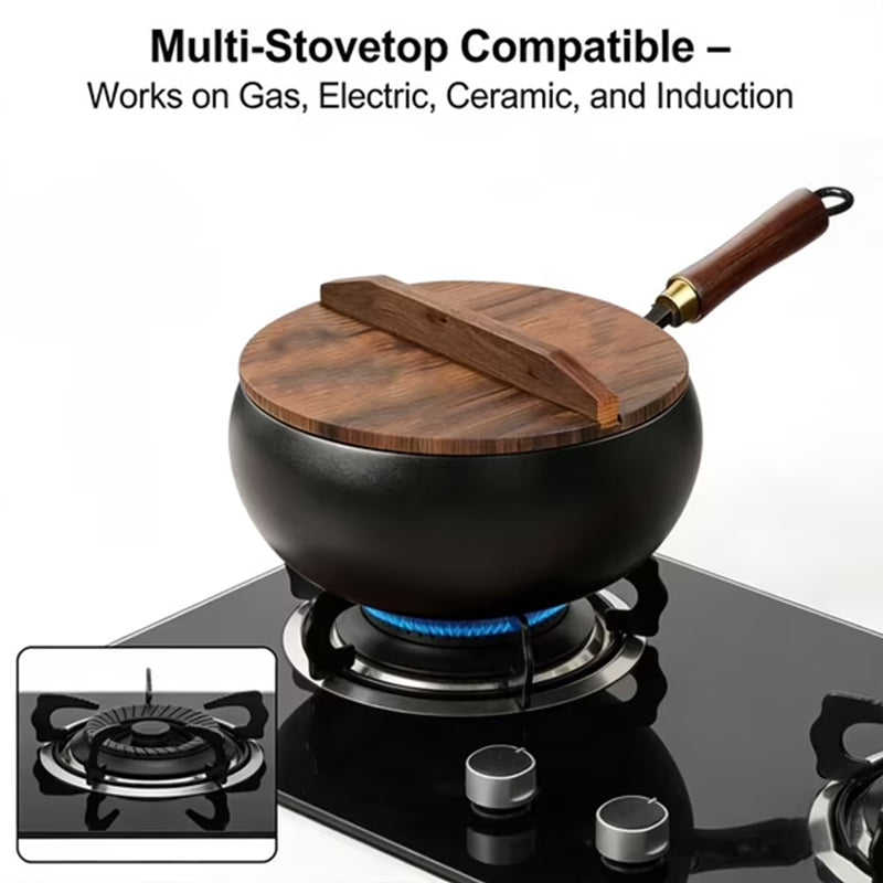 Hand-Forged Iron Wok – Uncoated Traditional Wok with Wood Lid for Gas & Induction