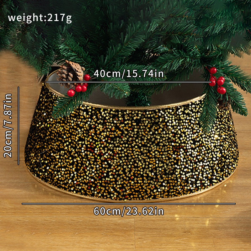 Black & Gold Sequin Christmas Tree Skirt - Glamorous Base Decoration in Round, Four-Corner & Six-Corner Styles