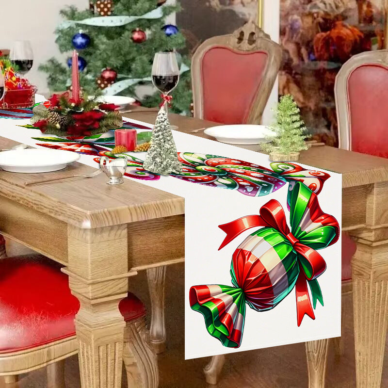 Christmas Candy Print Table Runner - Festive White Hemp Dining Decoration (33 x 183cm)