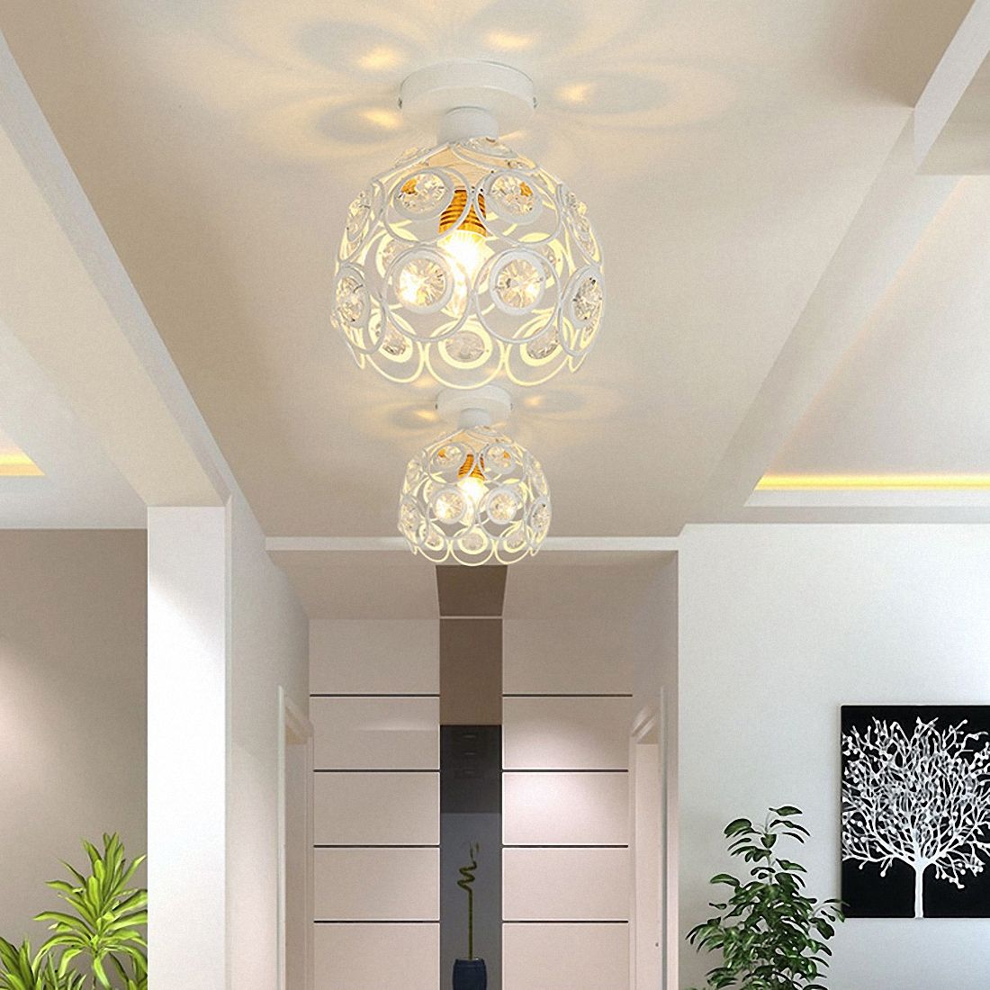 Crystal Minimalist Ceiling Light - Modern European White Iron Pendant Lamp, E27 Fitting, 20cm