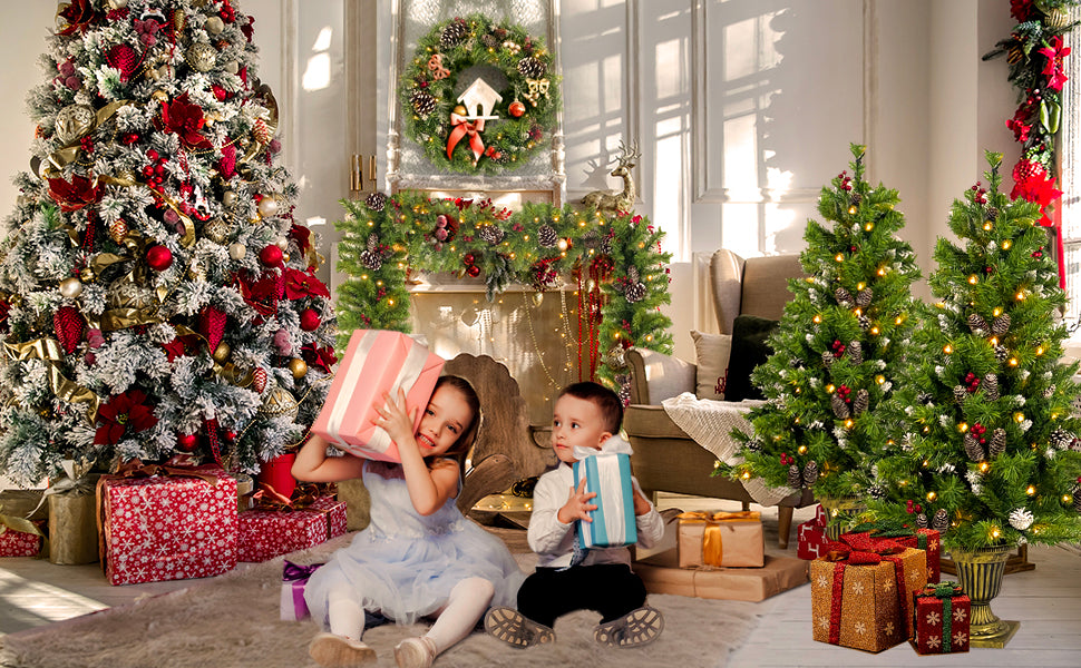 Classic Green Christmas 4-Piece Set – 2 Entrance Trees, Garland & Wreath with 340 LED Lights
