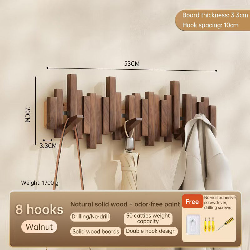Solid Beech Wood Piano Key Wall Hook Rack - No Drill or Screw Mount, Entryway Coat and Bag Organiser