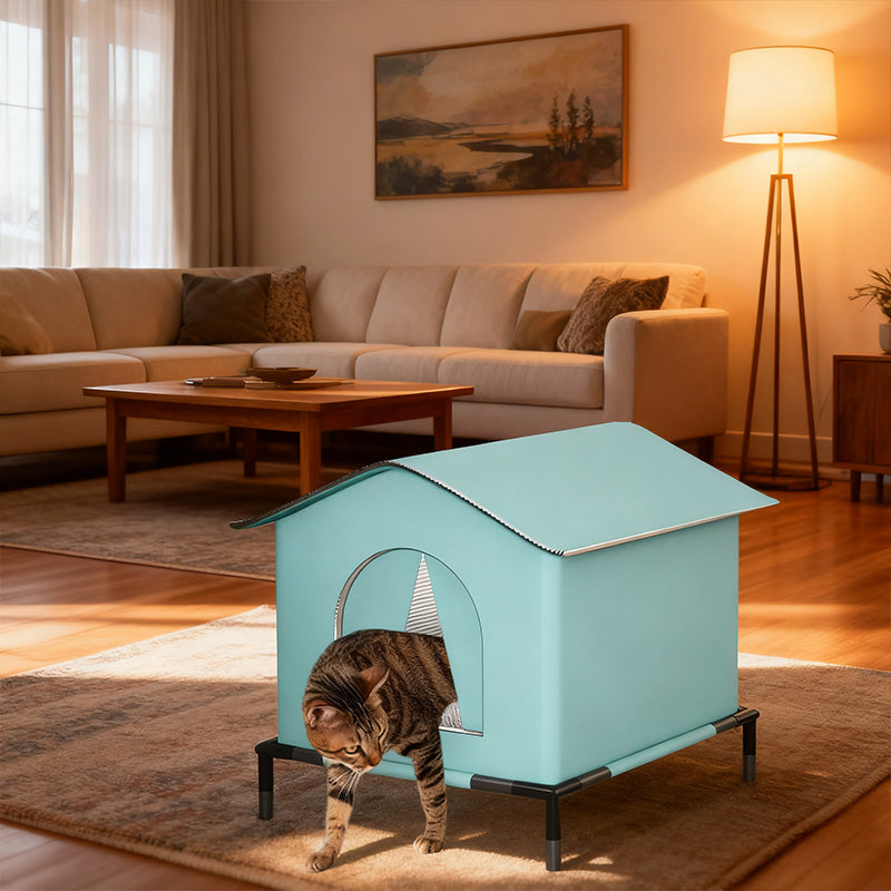 Insulated Outdoor Cat House with Raised Base - Windproof Weatherproof Shelter with Reflective Lining