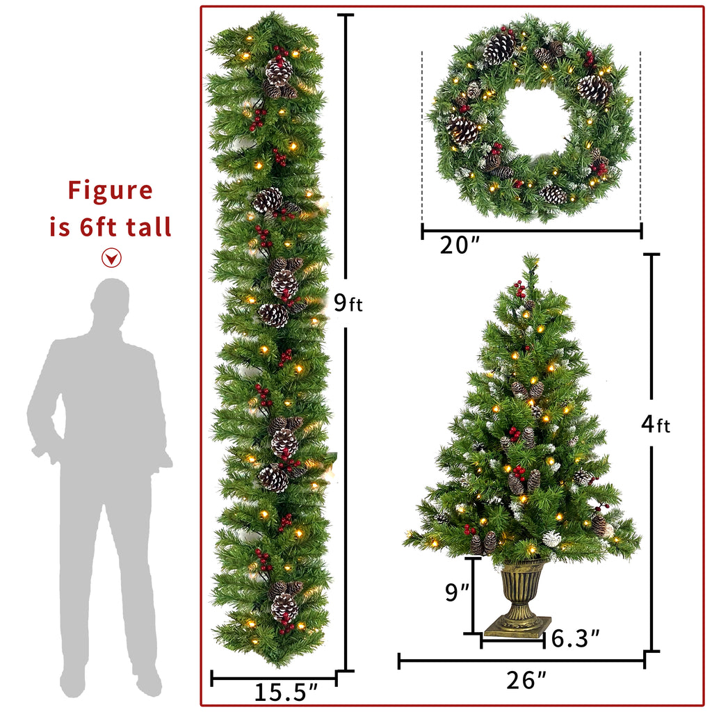 Classic Green Christmas 4-Piece Set – 2 Entrance Trees, Garland & Wreath with 340 LED Lights