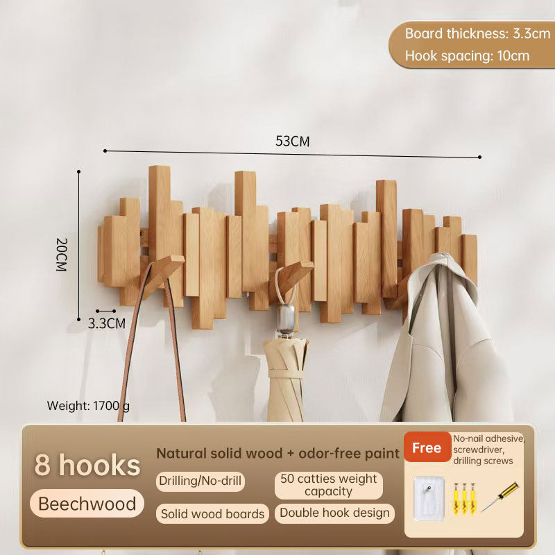 Solid Beech Wood Piano Key Wall Hook Rack - No Drill or Screw Mount, Entryway Coat and Bag Organiser