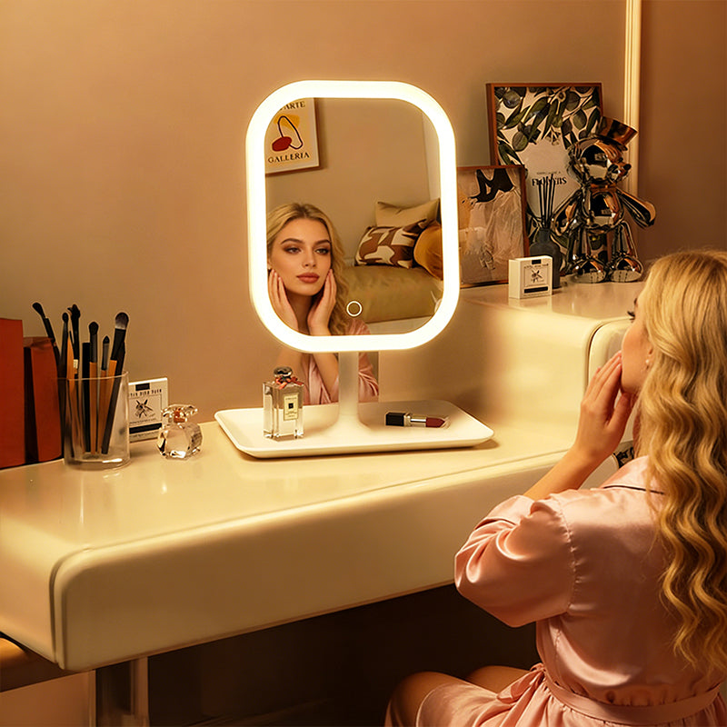 Large Square Rotating LED Makeup Mirror with Adjustable Lighting - Vanity Mirror for Bedroom and Dormitory