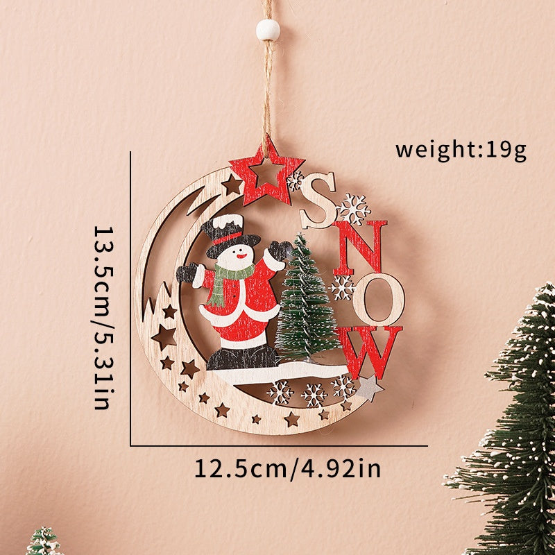 Christmas Wooden Plush Tree Decorations with Santa Claus, Snowman, Reindeer Hanging Ornaments