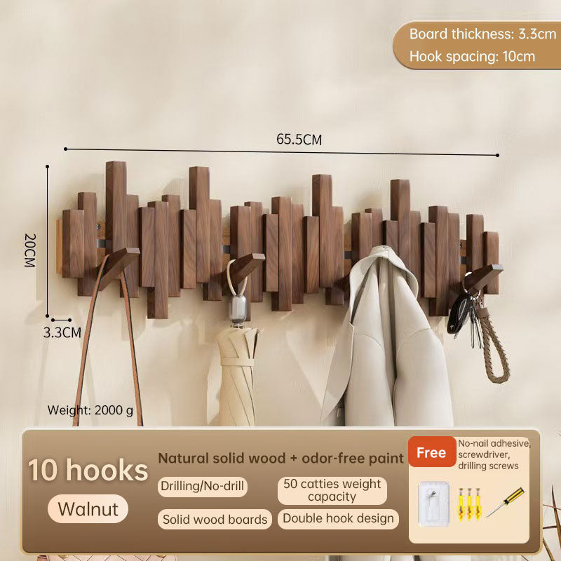 Solid Beech Wood Piano Key Wall Hook Rack - No Drill or Screw Mount, Entryway Coat and Bag Organiser