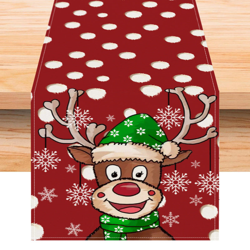 Christmas Reindeer & Snowflake Linen Table Runner - Festive Cartoon Polka Dot Dining Decoration (33 x 183cm)