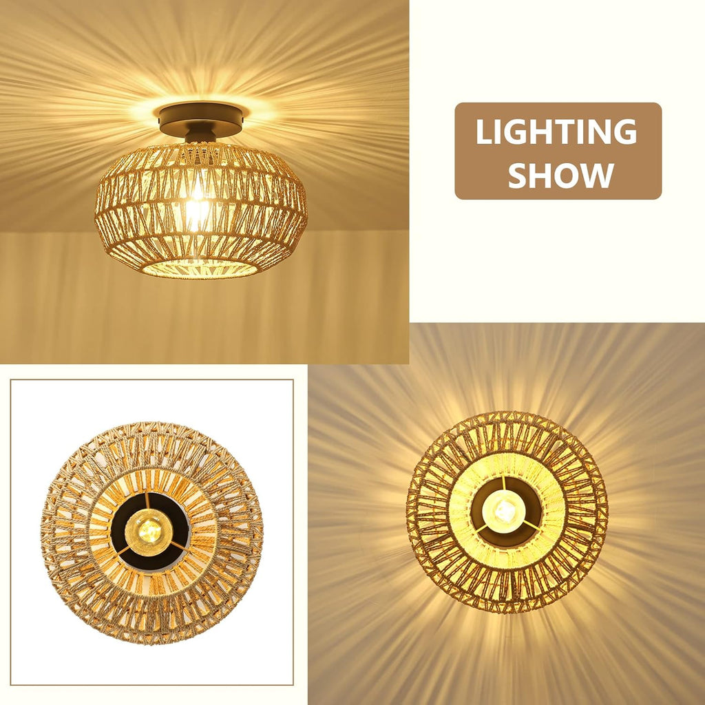 Boho Rattan Ceiling Light - Hand-Woven Flush Mount Fixture with Dimmable LED Bulb, 12" Natural Brown
