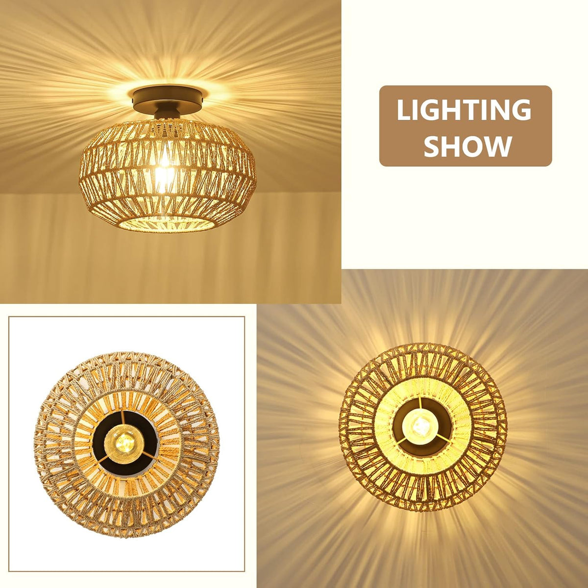 Boho Rattan Ceiling Light - Hand-Woven Flush Mount Fixture with Dimmable LED Bulb, 12" Natural Brown