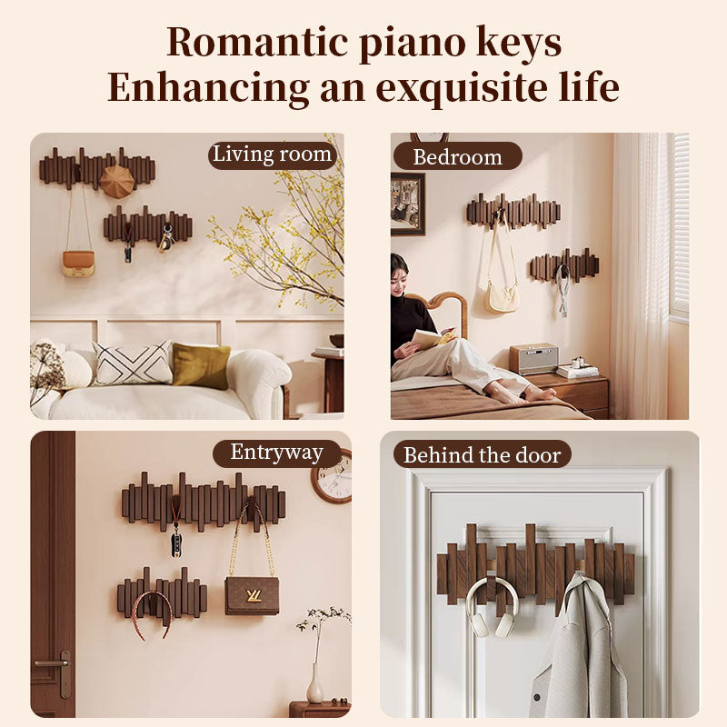 Solid Beech Wood Piano Key Wall Hook Rack - No Drill or Screw Mount, Entryway Coat and Bag Organiser