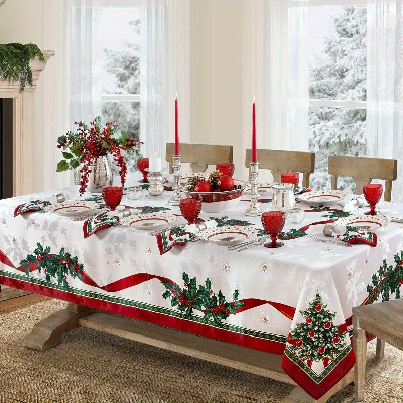 Christmas Pine & Holly Tablecloth - Festive Polyester Dining Table Cover in 4 Designs & 7 Sizes