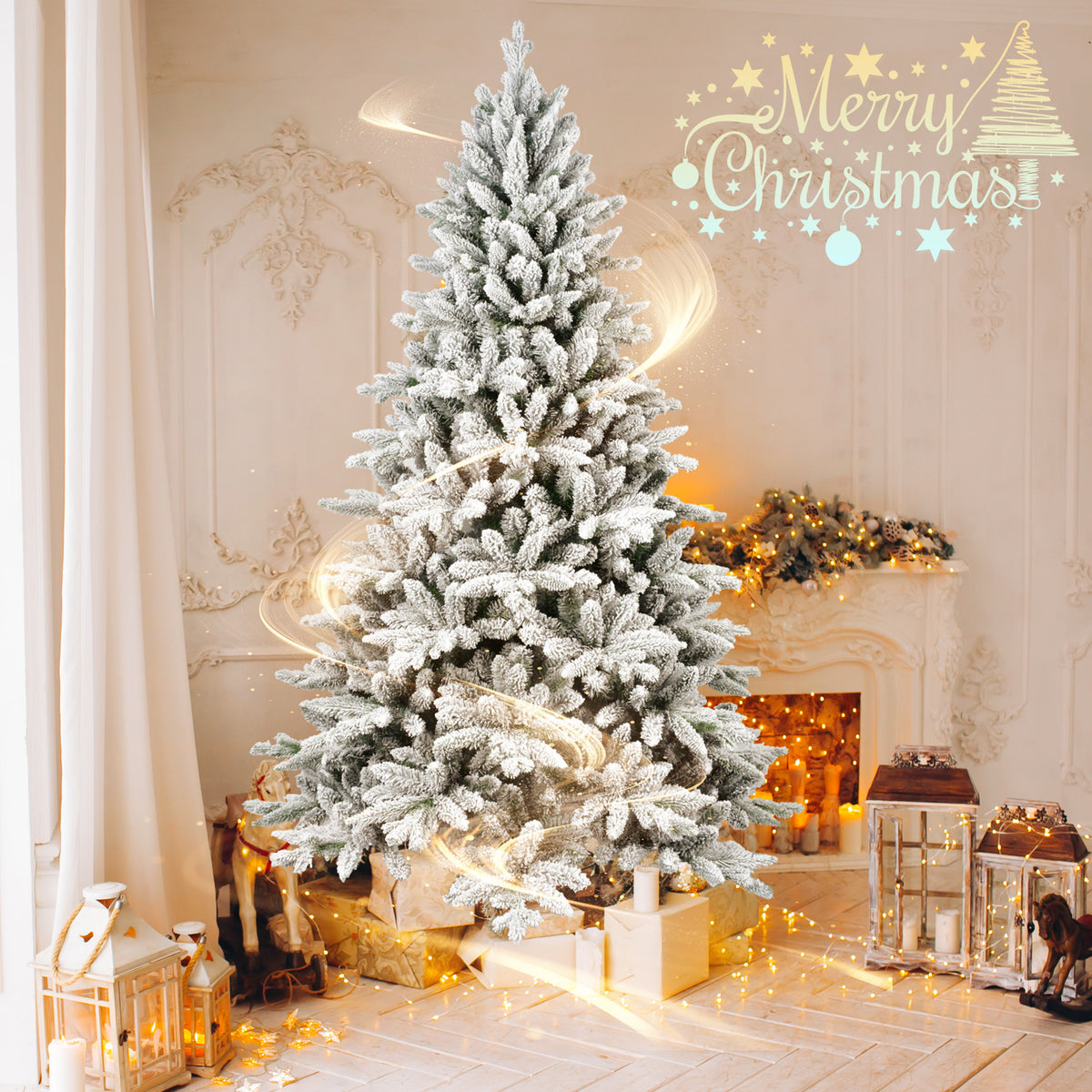5FT Snow-Flocked Artificial Christmas Tree – Frosted White & Green