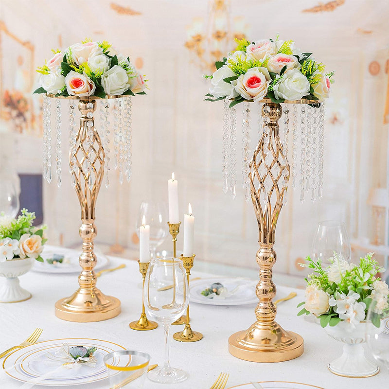 Gold-Plated Iron Flower Stand with Crystal Bead Strings – Wedding & Table Centrepiece