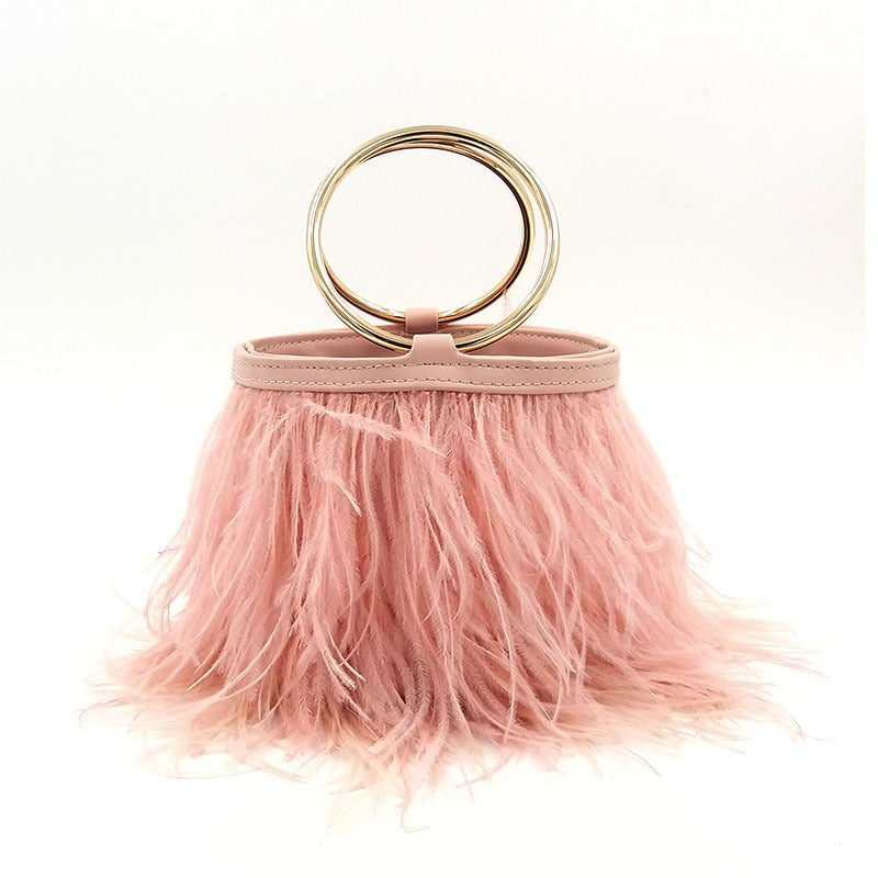 Ostrich Feather Chain Bag – Luxury Round Shoulder Bag with Ring Detail