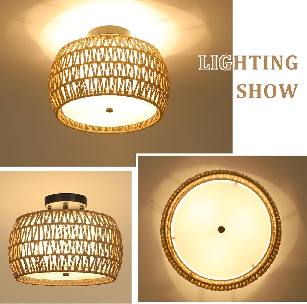 Boho Rattan Ceiling Light with Fabric Shade - Hand-Woven Semi Flush Mount, Farmhouse Style, Brown